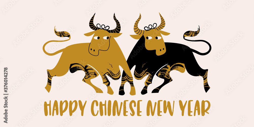 Chinese new year 2021 year of the ox, vector illustration, greeting card, banner.