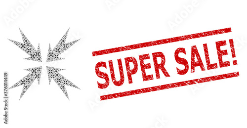Recursive combination compression arrows and Super Sale! grunge stamp imitation. Vector mosaic is made from repeating compression arrows parts. Stamp includes Super Sale! tag between parallel lines.