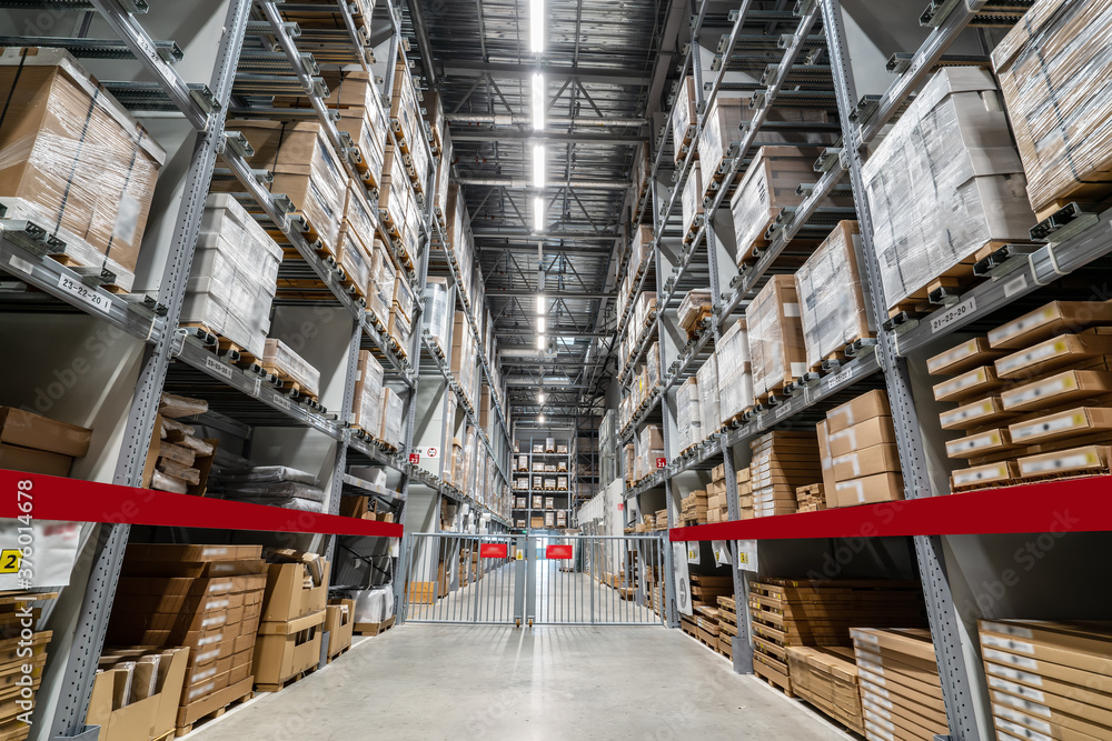 Goods on shelves of distribution center warehouse