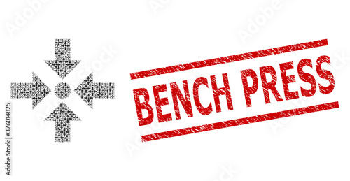 Recursion mosaic shrink arrows and Bench Press corroded stamp seal. Vector mosaic is created from randomized shrink arrows icons. Seal includes Bench Press title between parallel lines.