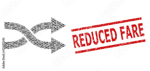 Fractal mosaic shuffle arrows right and Reduced Fare grunge seal. Vector mosaic is composed from scattered shuffle arrows right icons. Seal includes Reduced Fare title between parallel lines.