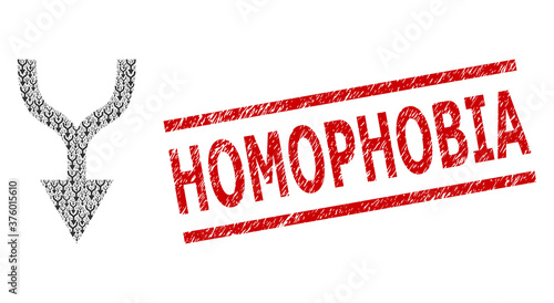 Fractal composition combine arrow down and Homophobia dirty stamp seal. Vector collage is organized from scattered combine arrow down parts. Stamp seal includes Homophobia text between parallel lines.