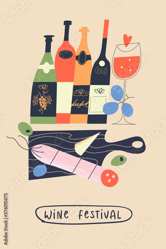 Bottles of wine, salami, grapes and cheese. Vector illustration for the harvest festival and wine festival.