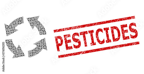 Fractal collage circulation and Pesticides textured stamp imitation. Vector collage is created with randomized circulation parts. Stamp includes Pesticides text between parallel lines.