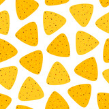 Cute cartoon vector seamless pattern background with nachos, tortilla chips.

