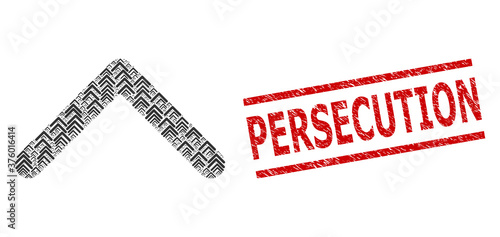 Fractal mosaic direction up and Persecution textured stamp seal. Vector mosaic is constructed with randomized direction up parts. Stamp seal includes Persecution text between parallel lines.