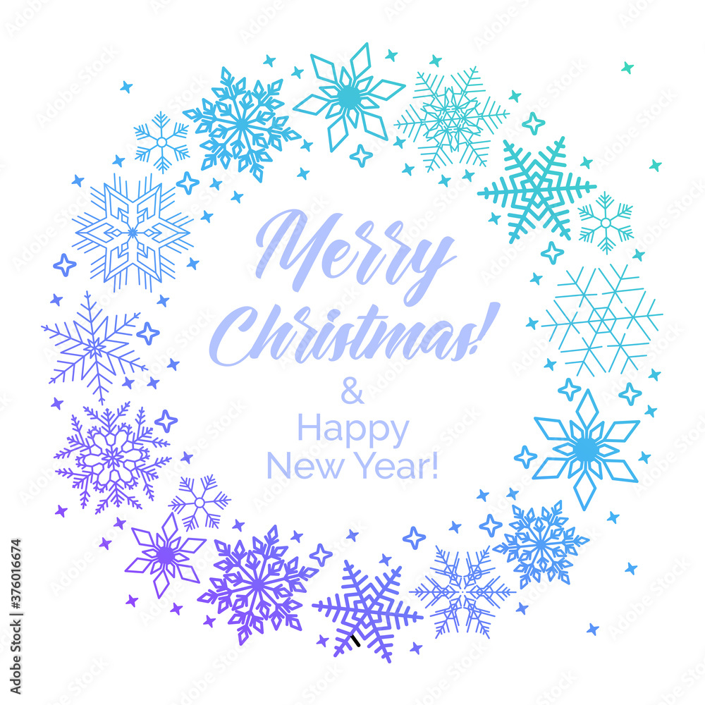 Fototapeta premium Wreath from Blue snowflakes with text Merry Christmas and Happy New Year on white background