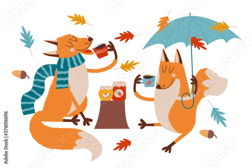 Hello, autumn. Cute foxes drink tea.