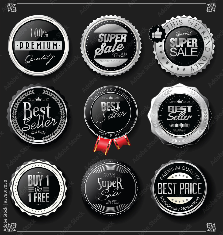 Fototapeta premium Collection of silver and black badges and labels