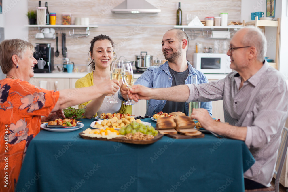 Multi generation family toasting with white wine during lunch. Tasty seasoned potatoes. Senior parents. Delicious grapes. Multi generation family toasting with white wine during lunch. Tasty seasoned potatoes. Senior parents. Delicious grapes.