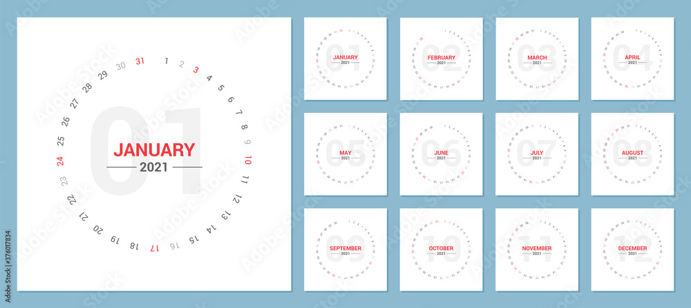 2021 circle calendar vector design. Separated all month.