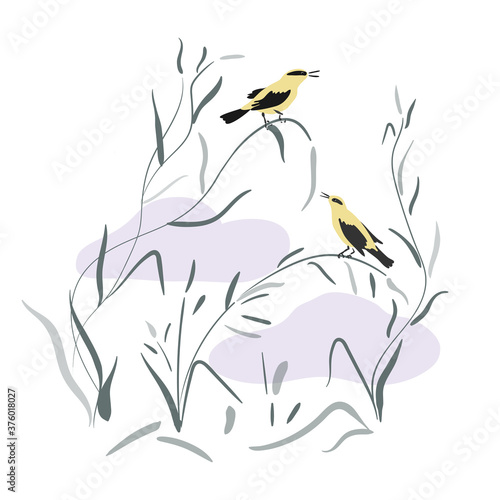 Two orioles in japanese style are sitting on the grass. Yellow birds perched on branches