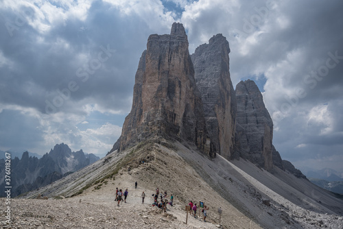 View of the iconic Tre Cime di Lavaredo peaks as seen from the trail to Locatelli refuge from Lavaredo refuge via Paterno pass, Sesto/Sexten Dolomites, South Tirol, Italy.
