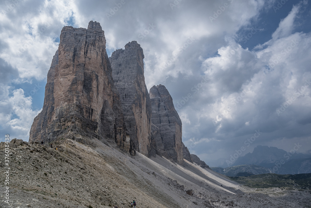 Obraz premium View of the iconic Tre Cime di Lavaredo peaks as seen from the trail to Locatelli refuge from Lavaredo refuge via Paterno pass, Sesto/Sexten Dolomites, South Tirol, Italy.