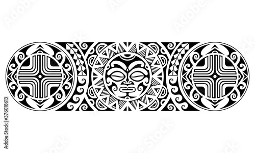 Maori polynesian tattoo border tribal sleeve seamless pattern vector with sun face. Samoan bracelet tattoo design fore arm or foot. Armband tattoo tribal.