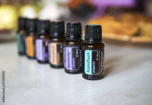 Essential oil bottles. Aroma Touch essential oil. Essential oil.  Yoga class