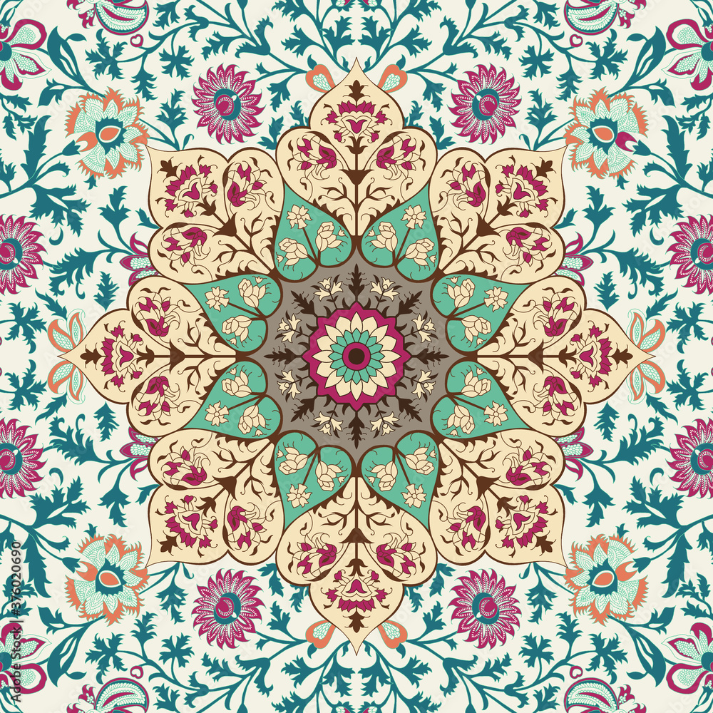 Ethnic pattern or medallion print in Indian style. Indian floral paisley medallion pattern. Ethnic Mandala ornament. Can be used for textile, greeting card. 