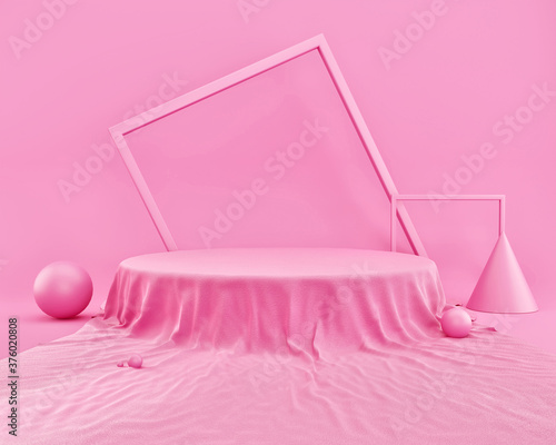 Fototapeta Naklejka Na Ścianę i Meble -  Abstract Pink Color Geometric Shape, Mockup Fabric For Podium Display Or Showcase, Presentation of Product packs for Podium product. 3d illustration