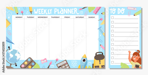 Collection of weekly planner and to do list template. School timetable or schedule design with various school supplies and girl. Vector illustration.