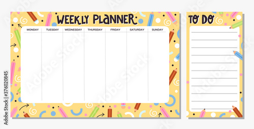 Collection of weekly planner and to do list template. School timetable or schedule design with various pencils and abstract elements. Vector illustration.