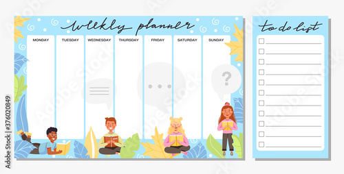 Collection of weekly planner and to do list template. School timetable or schedule design with various leaves and school children. Vector illustration.