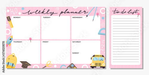 Collection of weekly planner and to do list template. School timetable or schedule design with various school supplies. Vector illustration.