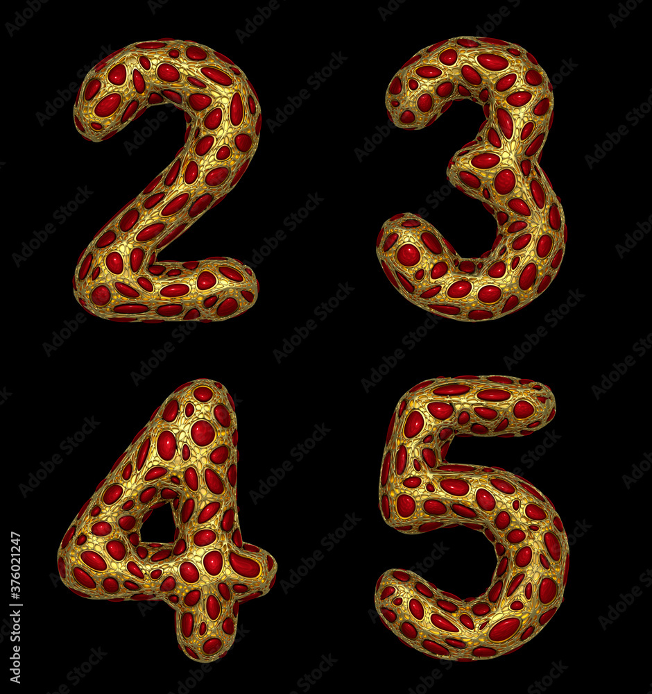 Fototapeta premium Number set 2, 3, 4, 5 made of realistic 3d render golden shining metallic.