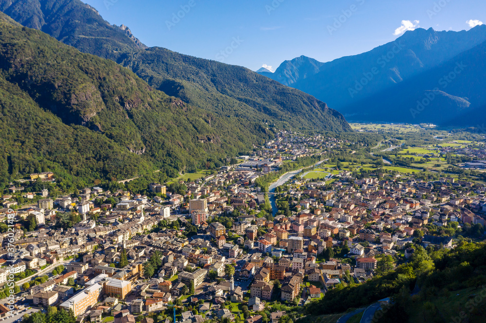 Aerial view of Chiavenna in Lombardy, Italy