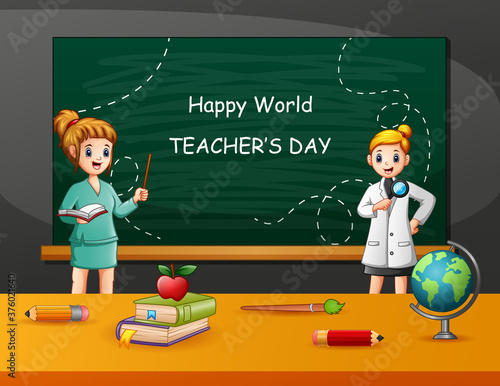 Happy Teacher's Day text with woman teacher and student