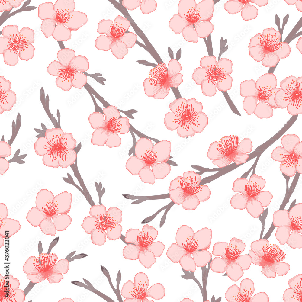 Vector cherry flowers and buds seamless pattern. Pink blooming flowers background
