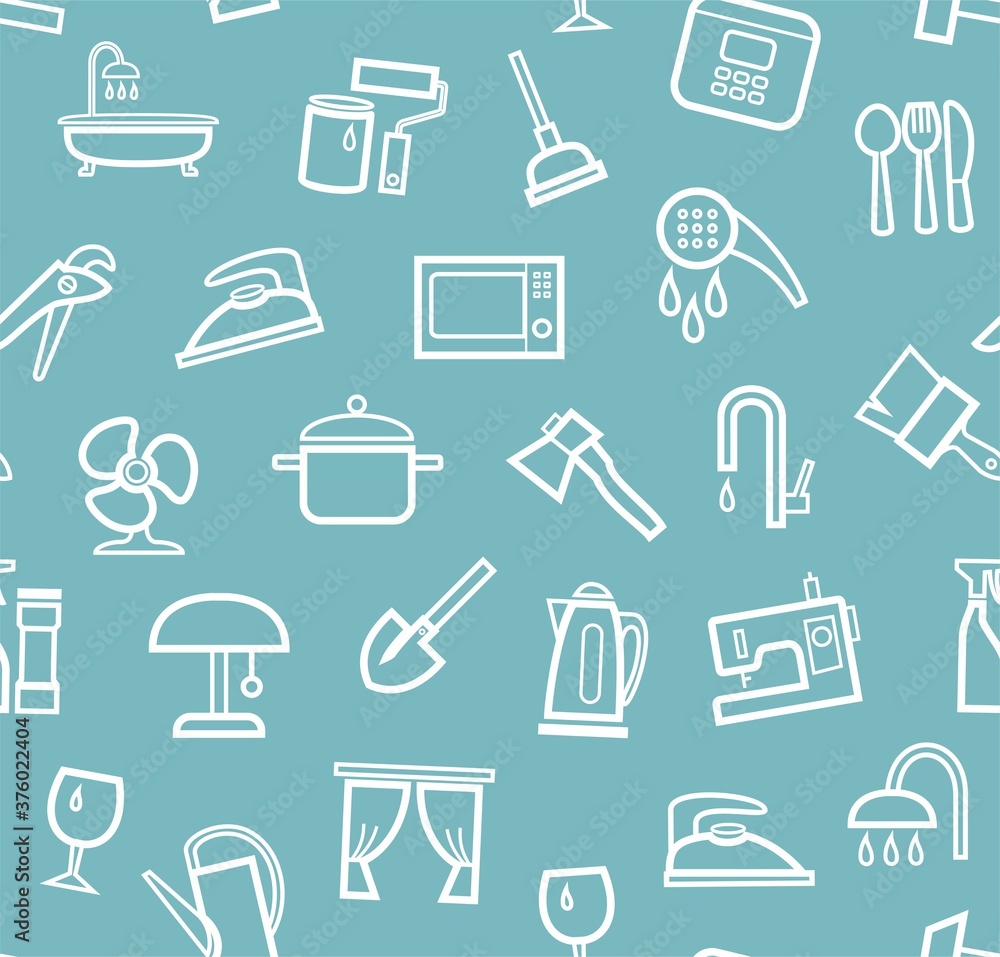Household goods and appliances, seamless pattern, blue. White icons on a blue field. Thin outline. Vector. Household goods and appliances, seamless pattern, blue. White icons on a blue field. Thin outline. Vector.