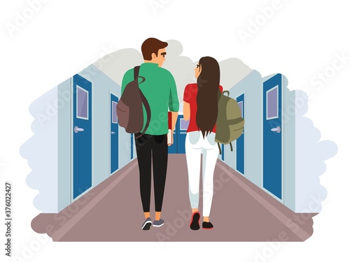 College students walking to class at university building. Happy boy and girl talking and going to lecture with backpacks. Higher education vector illustration. Social life at school