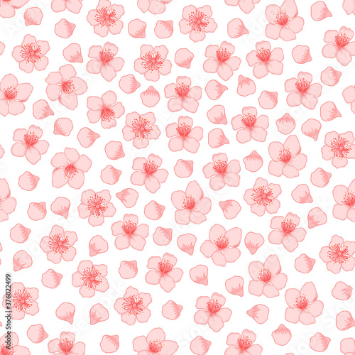 Vector cherry flowers and buds seamless pattern. Pink blooming flowers background