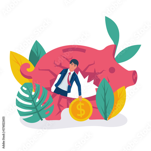 Ruined businessman in a broken piggy bank. No money. landing page bankruptcy. Vector illustration flat design. Isolated on white background. Sad businessman. Financial crisis template web banner.