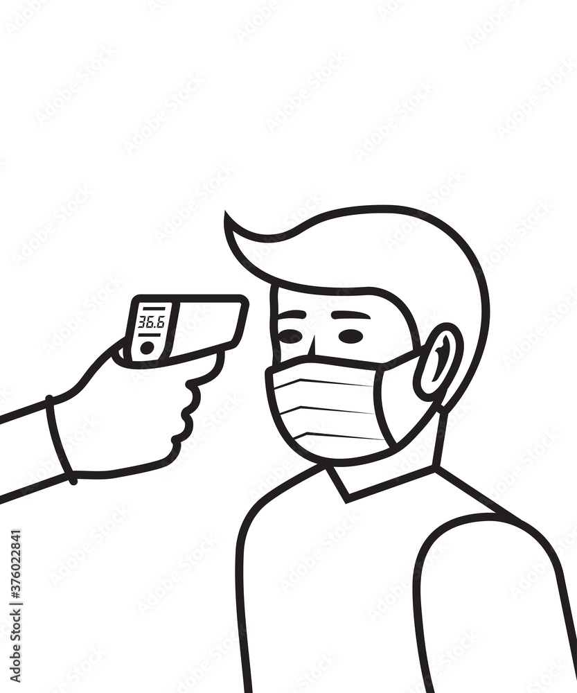 Landing page body temperature check. Black line icon face in medical mask. Doctor hold non-contact thermometer in hand. Silhouette coronavirus prevention. Epidemic covid-19. Vector flat design.
