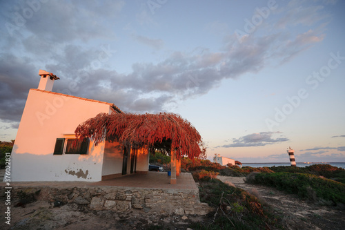 barracas de pescadores y baliza, S'Estalella, Estanyol, llucmajor, mallorca, islas baleares, españa, europa photo