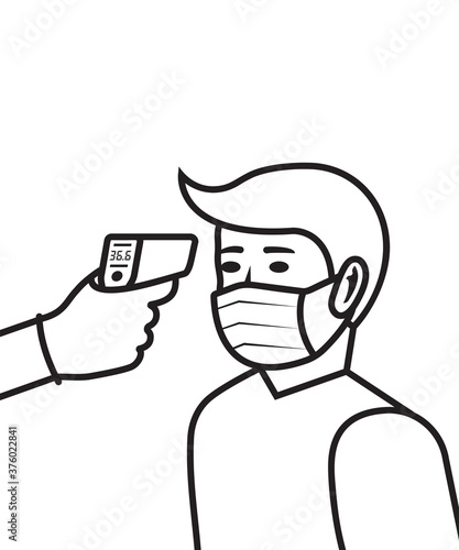 Landing page body temperature check. Black line icon face in medical mask. Doctor hold non-contact thermometer in hand. Silhouette coronavirus prevention. Epidemic covid-19. Vector flat design.