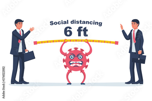 Social distancing concept. Landing page social awareness. Two businessmen at a meeting at a distance of 6 ft. Stand keep distance of 1 meter. Coronavirus Prevention covid-19.Vector illustration flat d