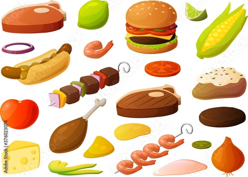 Vector illustration of various bbq items and ingredients isolated on white background