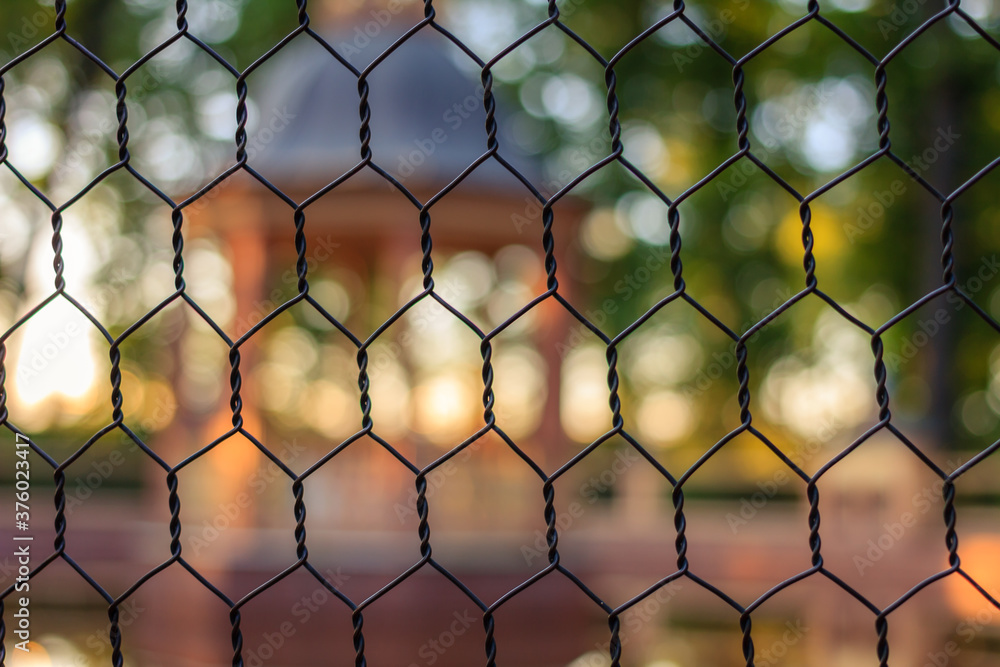 Fototapeta premium Abstract sunset bokeh photo at Summer Garden, Saint-Petersburg, Russia, lattice