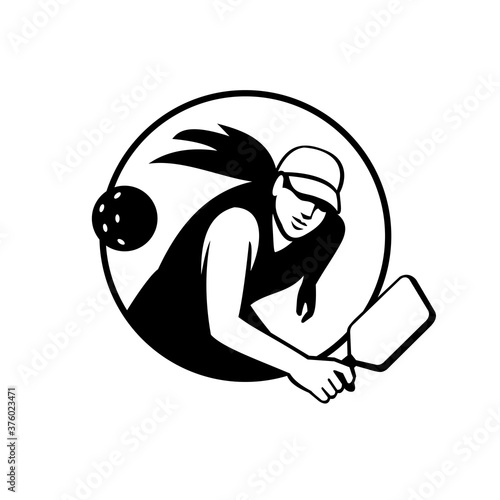 Female Pickleball Player with Paddle Inside Circle Retro Black and White