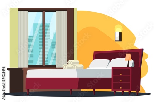 Hotel room with bed interior design background. Window with curtains, bed with pillows and towels, lamp. Happy holiday vacation vector illustration. Staying at modern hotel with view on city