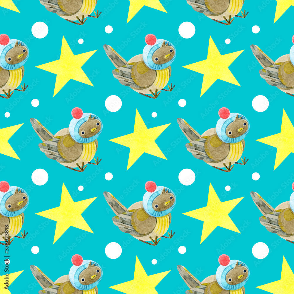 Watercolor seamless pattern with cute sparrows in knitted hats. Cozy autumn. New year. Merry Christmas. Holiday illustration. It can be used in the design of winter holidays and children's design.