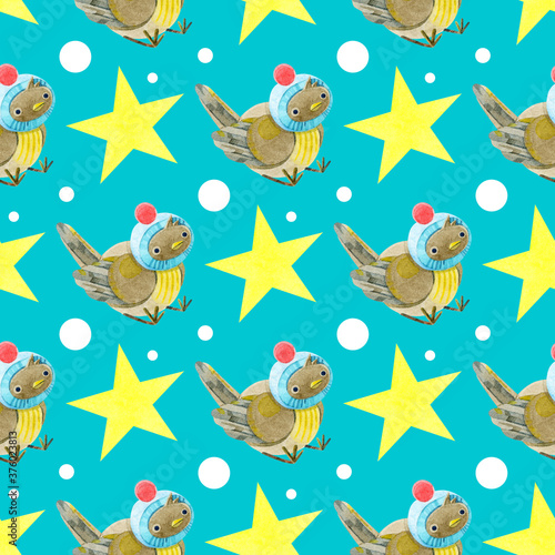 Watercolor seamless pattern with cute sparrows in knitted hats. Cozy autumn. New year. Merry Christmas. Holiday illustration. It can be used in the design of winter holidays and children's design.