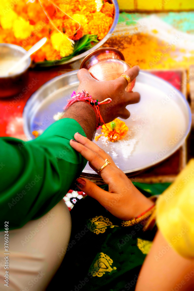 Indian Couple Doing Holly Kalash Pooja Close Zoom Hand View