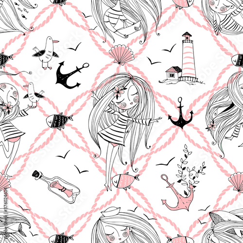 Wall Mural Seamless pattern on the sea theme with cute girls, whales and seagulls in a cute Doodle style