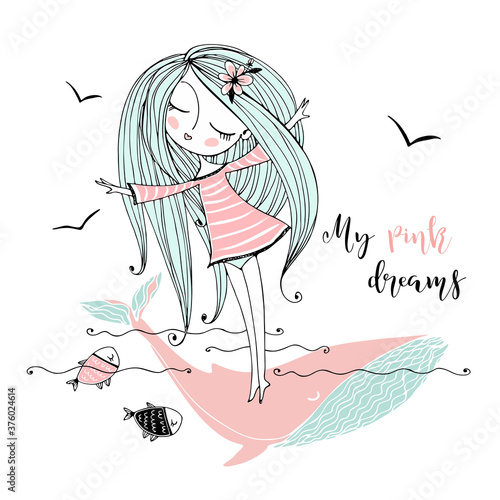 A cute girl swims on a big pink whale in her dreams. Vector.