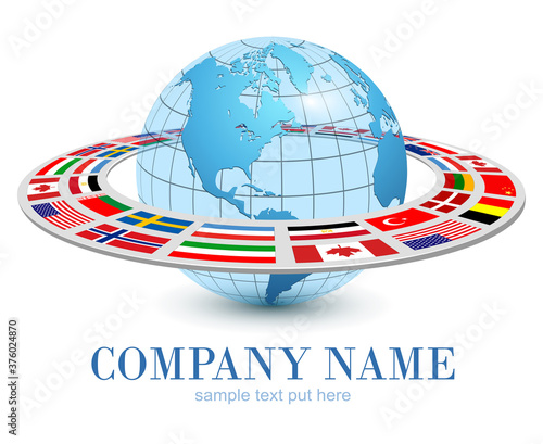 Logo earth globe 3D, blue planet and dynamic orbit with national flags around, vector international brand design.