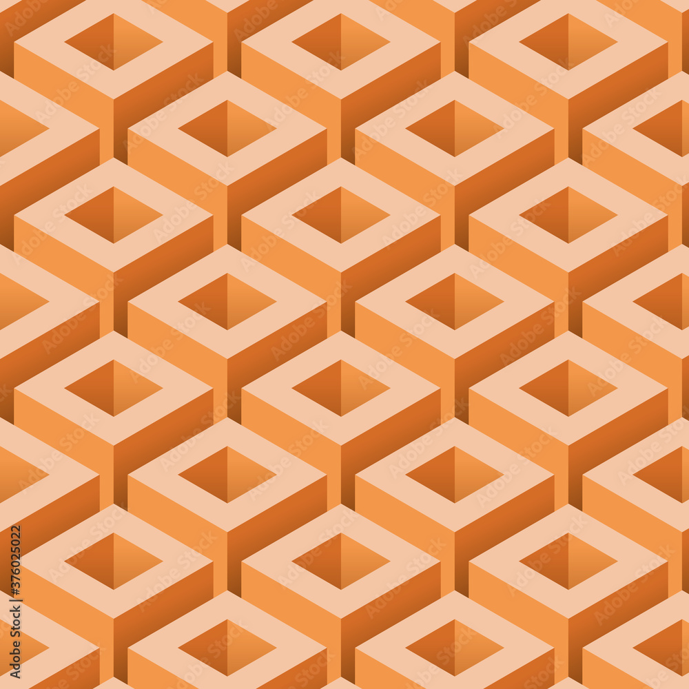 Abstract isometric 3d cube shape with seamless pattern background. Ideal for fabric design, wrapping paper print and website background. Orange cubes. Vector File Abstract isometric 3d cube shape with seamless pattern background. Ideal for fabric design, wrapping paper print and website background. Orange cubes. Vector File