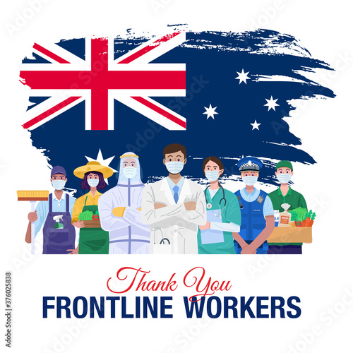 Thank you frontline workers. Various occupations people standing with flag of Australia. Vector